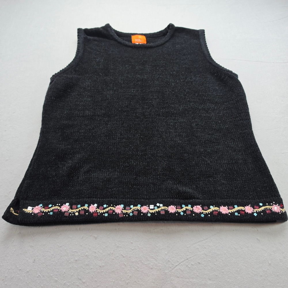 Hearts of Palm Vintage Black Knit Sweater Vest Floral Embroidered Beaded Hem L